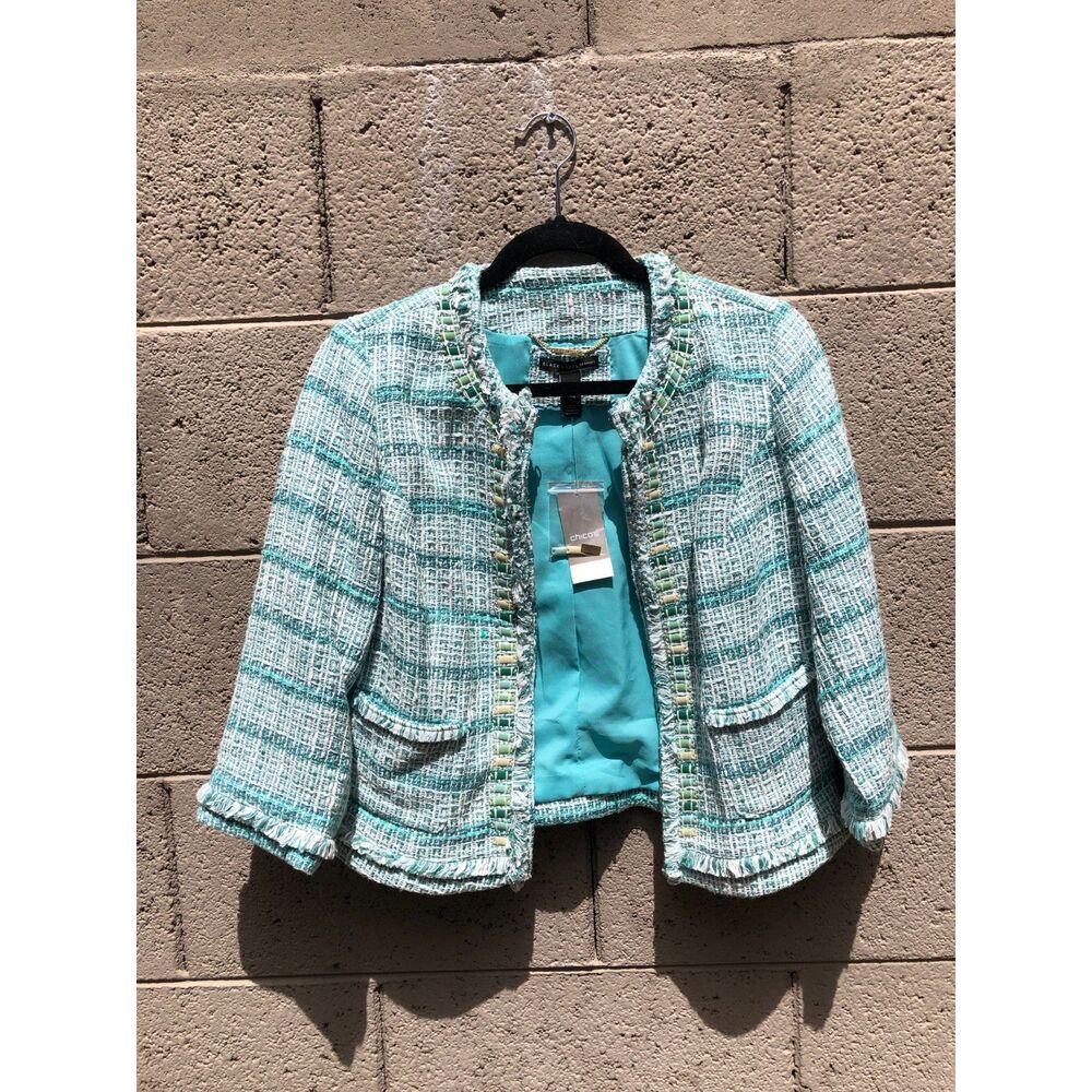 NWT Black Label by Chicos Embellished Tweed Jacket Brampton Aqua Fringe Size 0 S